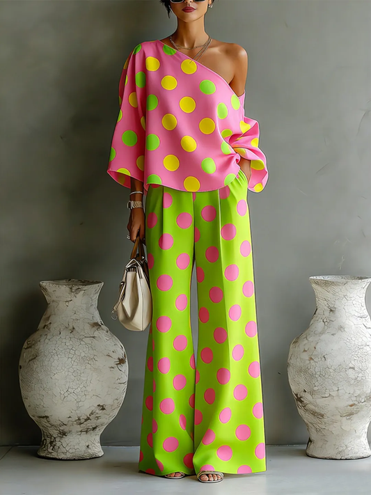 Rosalia | Conjunto de dos piezas con blusa de hombros descubiertos con lunares de colores y pantalones de pierna ancha