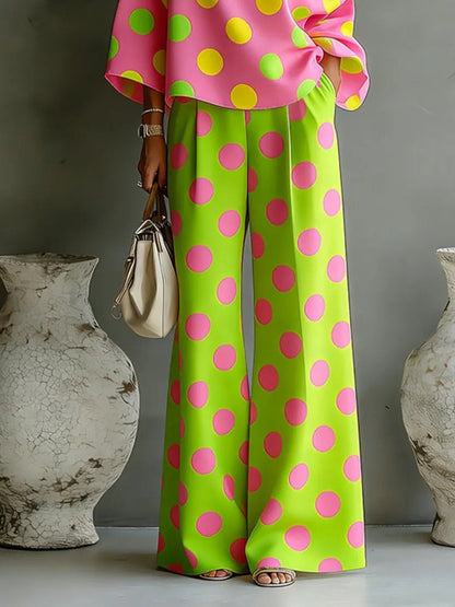 Rosalia | Conjunto de dos piezas con blusa de hombros descubiertos con lunares de colores y pantalones de pierna ancha