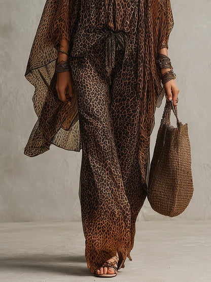 Raffaella | Set da tre pezzi vestaglia bohemiana a gradiente con stampa leopardata e taglio fluente