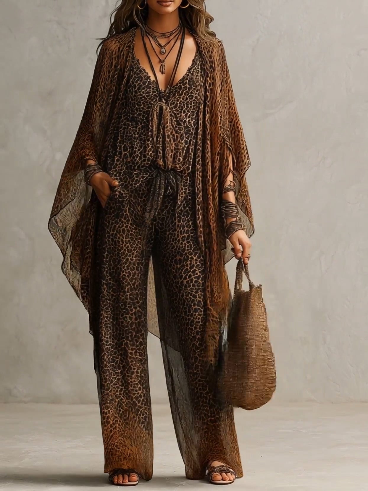 Raffaella | Set da tre pezzi vestaglia bohemiana a gradiente con stampa leopardata e taglio fluente