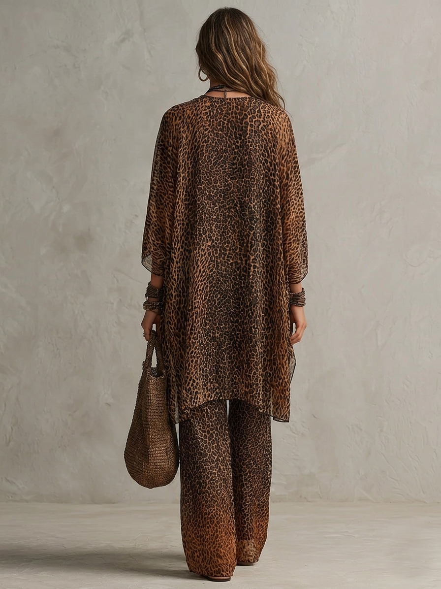 Raffaella | Set da tre pezzi vestaglia bohemiana a gradiente con stampa leopardata e taglio fluente