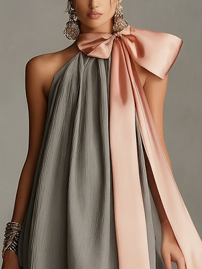 Doriana | Vestito mini grigio con scollo all'americana, fiocco in raso e bordi in pizzo
