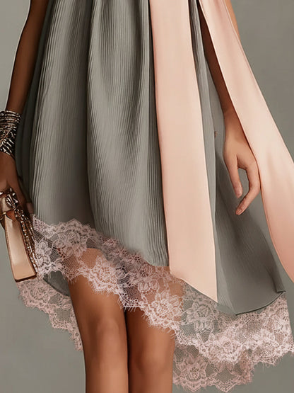 Doriana | Vestito mini grigio con scollo all'americana, fiocco in raso e bordi in pizzo