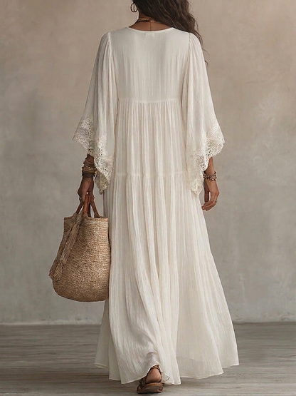 Serena | Abito lungo in chiffon bianco con scollo a V, maniche a pipistrello e pizzo bianco