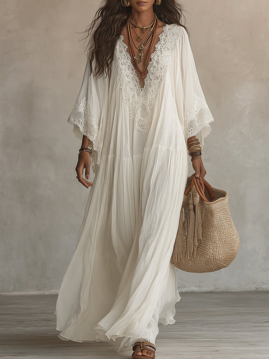 Serena | Abito lungo in chiffon bianco con scollo a V, maniche a pipistrello e pizzo bianco