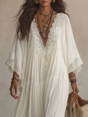 Serena | Abito lungo in chiffon bianco con scollo a V, maniche a pipistrello e pizzo bianco