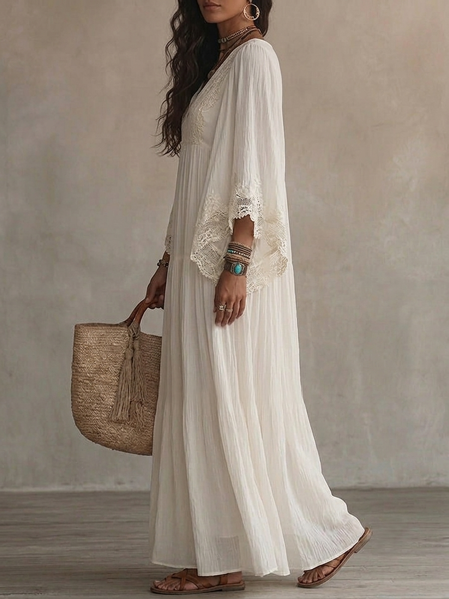 Serena | Vestido largo de blanco con escote en V