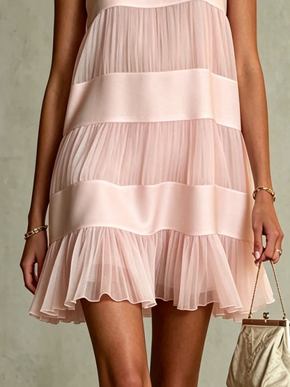 Carla | Vestito corto patchwork rosa chiaro a strati in chiffon plissettato e satinato