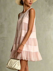 Carla - Vestito corto patchwork rosa chiaro a strati in chiffon plissettato e satinato