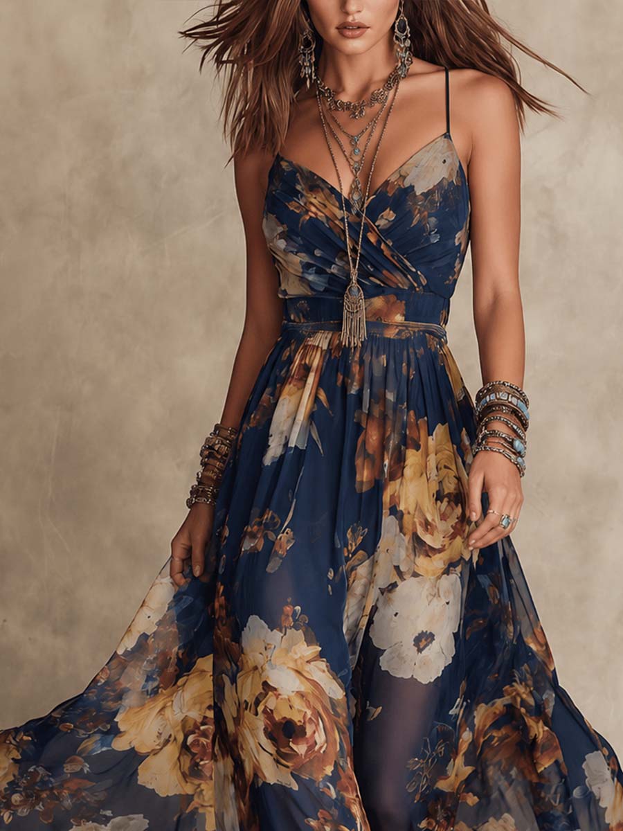 Rosa | Vestido maxi de chifón azul marino con estampado floral y tirantes finos