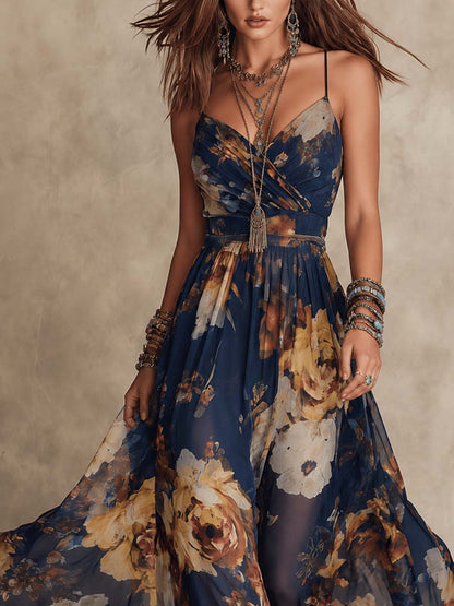 Rosa | Vestido maxi de chifón azul marino con estampado floral y tirantes finos