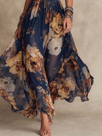Rosa | Vestido maxi de chifón azul marino con estampado floral y tirantes finos