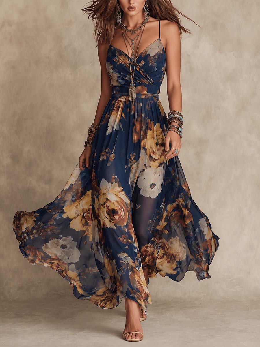 Rosa | Vestido maxi de chifón azul marino con estampado floral y tirantes finos