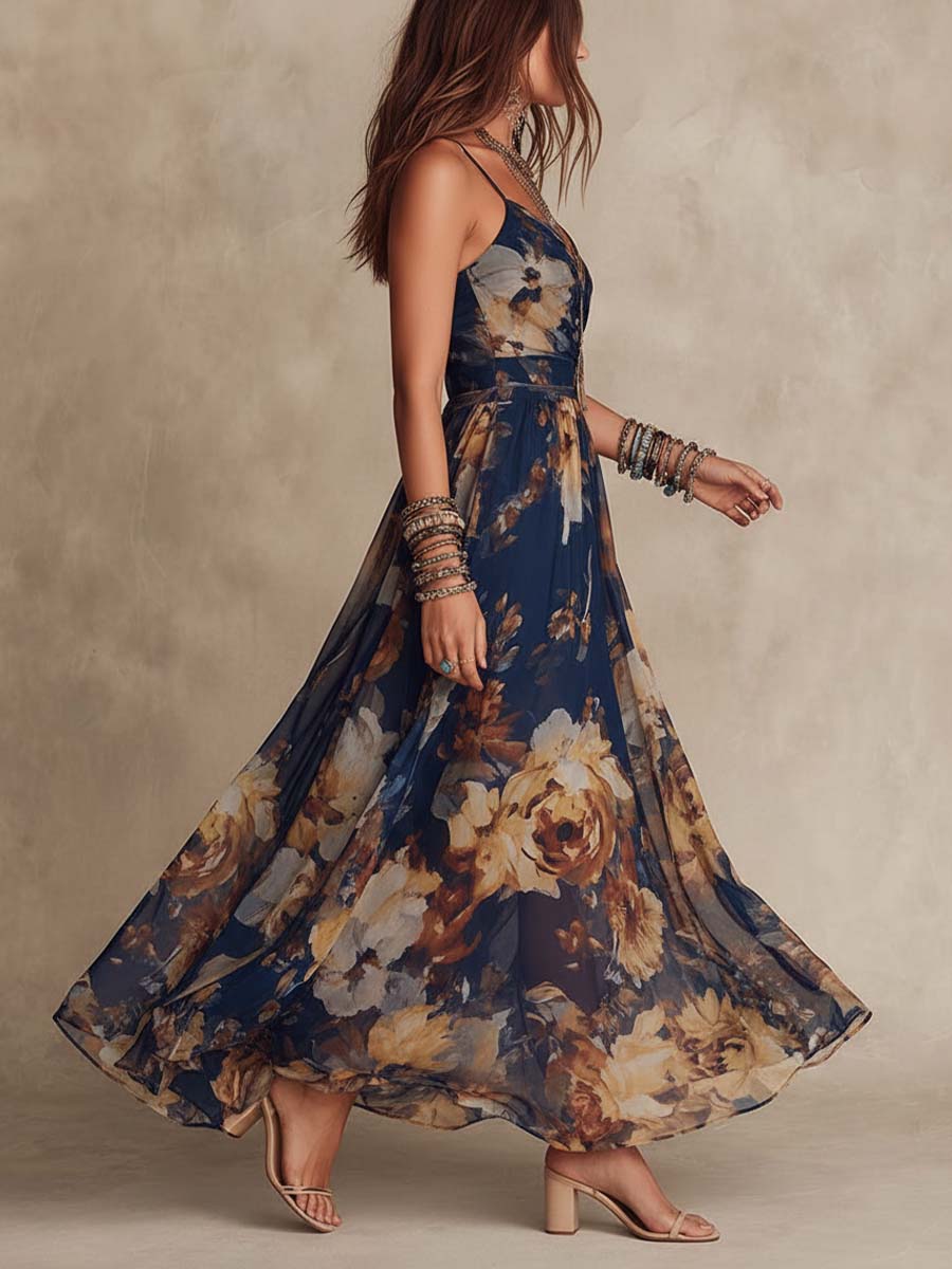Rosa | Vestido maxi de chifón azul marino con estampado floral y tirantes finos