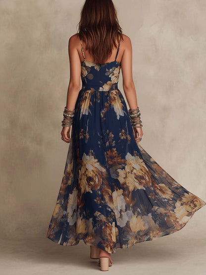 Rosaria | Vestito lungo blu navy in chiffon con stampa floreale e spalline sottili