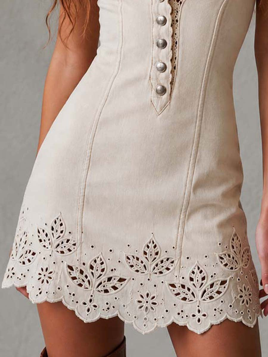 Esmeralda | Vestito corto avorio in pizzo traforato con scollo a V retrò