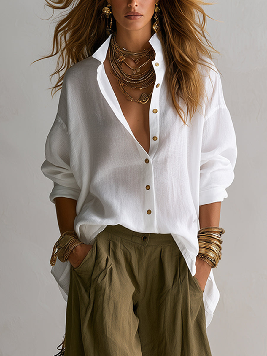Alejandra | Conjunto de camisa blanca amplia y pantalones verdes de pierna ancha tipo linterna
