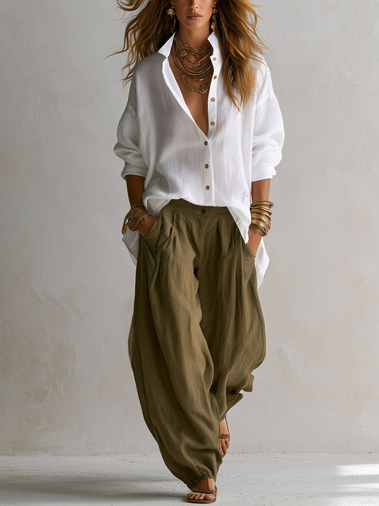 Adriana | Completo camicia bianca ampia e pantaloni verdi a gamba larga a lanterna