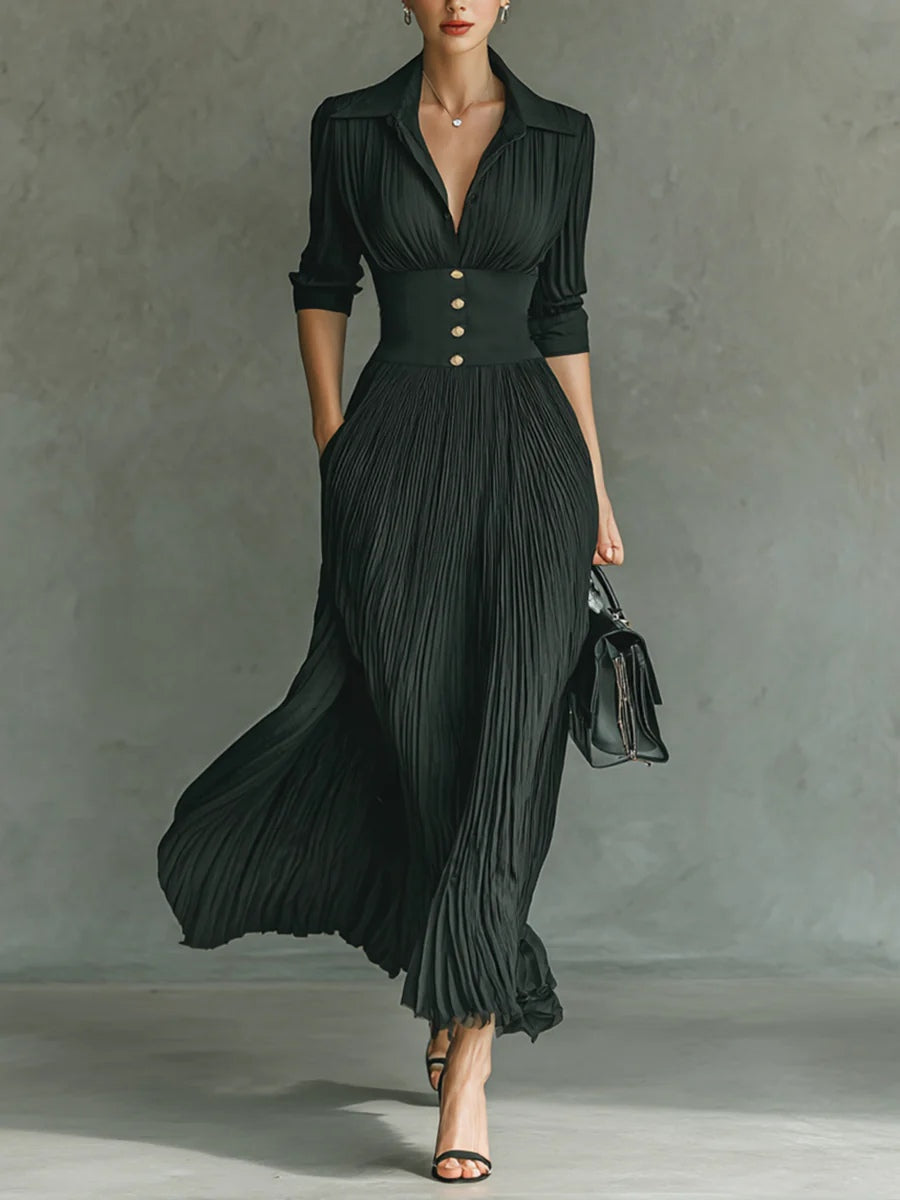 Elvira · Vestido largo plisado con solapa y cintura alta