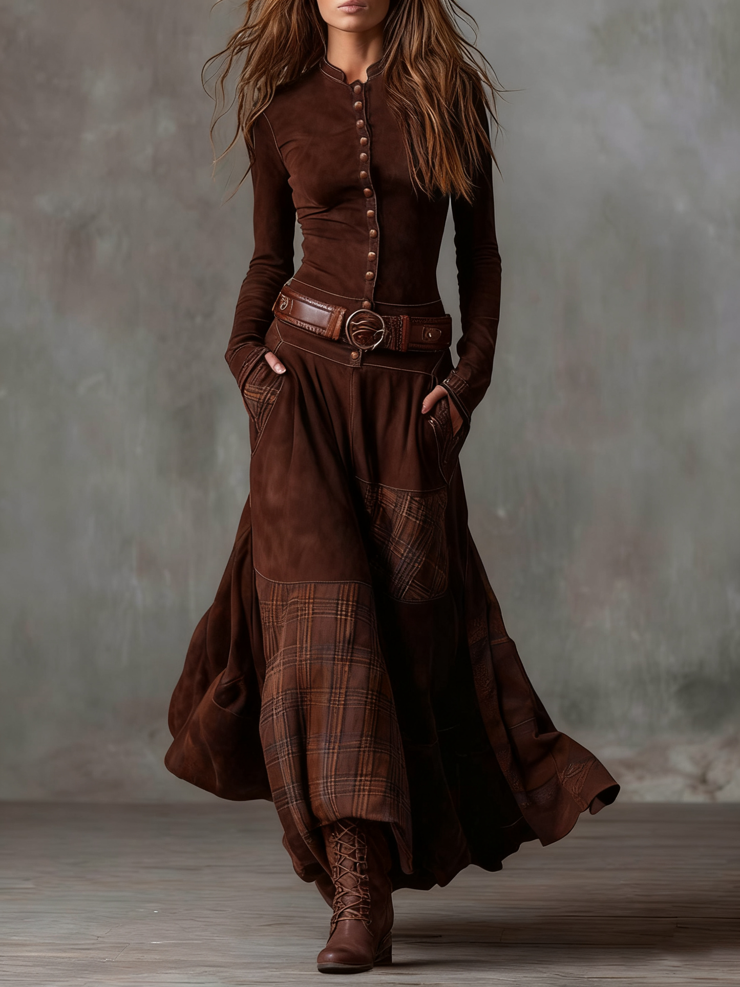 Azucena · Vestido maxi de ante con cinturón