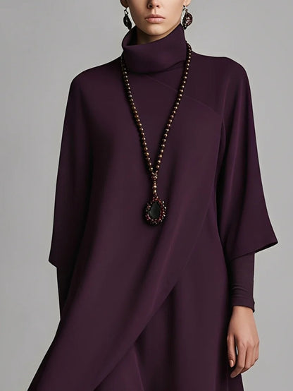 Melina | Vestido maxi púrpura con cuello alto y pliegues asimétricos