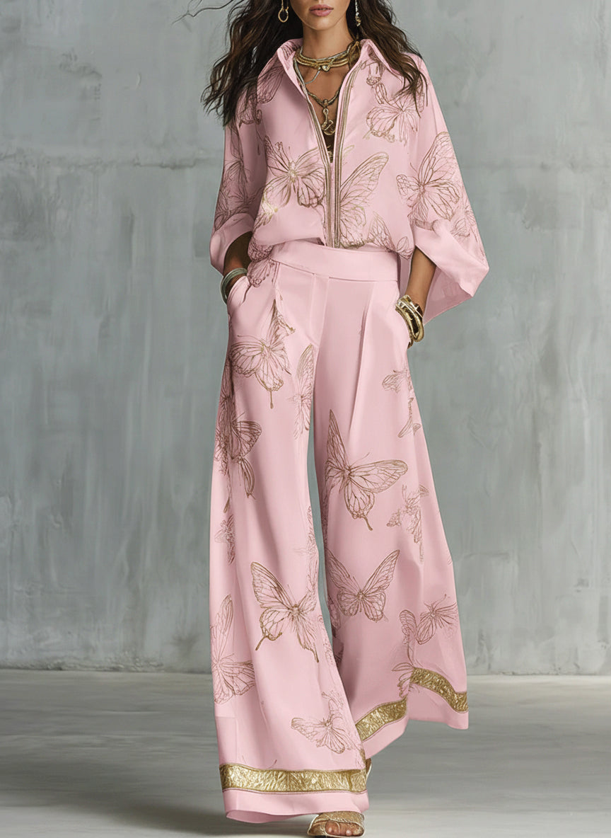 Virginia | Conjunto de dos piezas casual y elegante con estampado de mariposas doradas