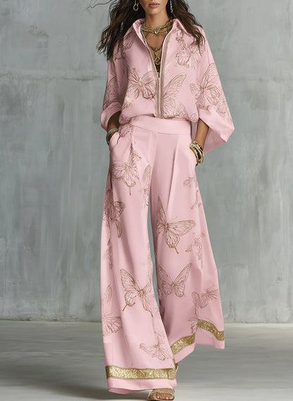 Virginia | Conjunto de dos piezas casual y elegante con estampado de mariposas doradas