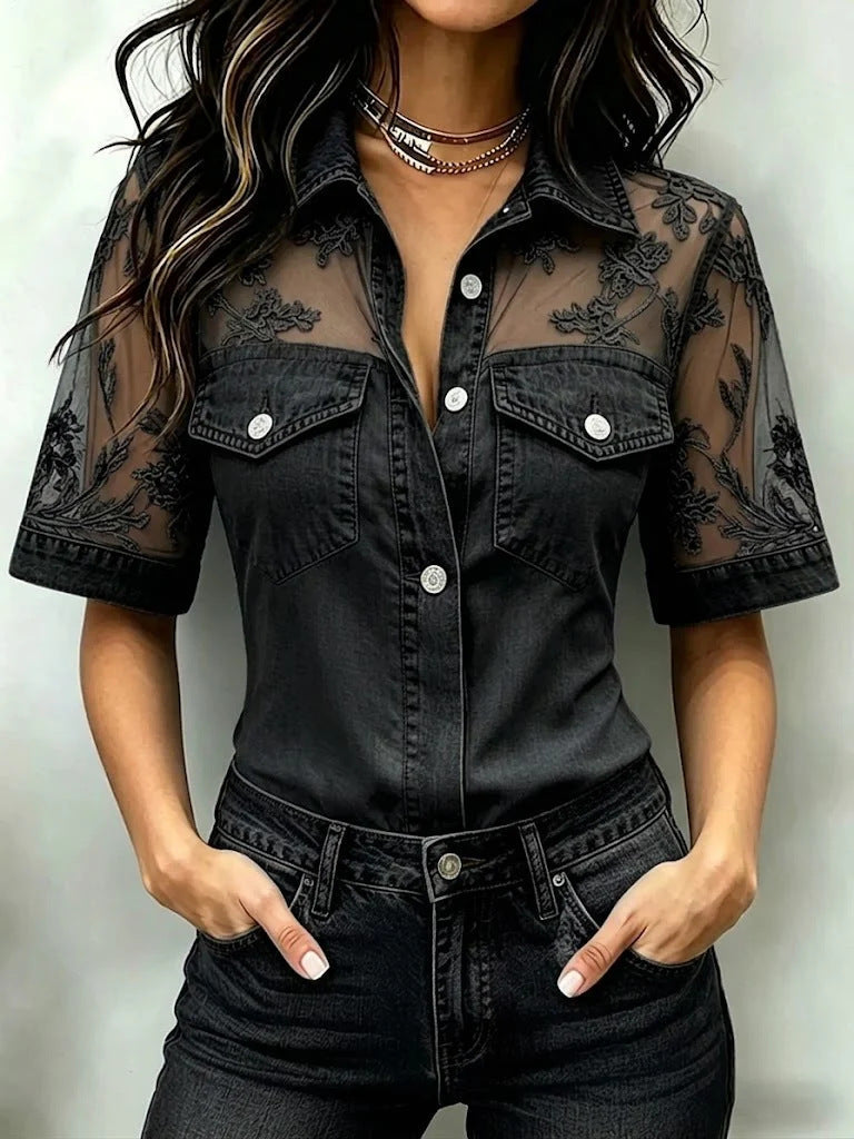 Camicia in denim con pizzo floreale a rete