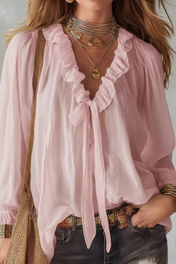 Top in camicia a maniche lunghe con scollo a V e nastro da legare, taglio largo