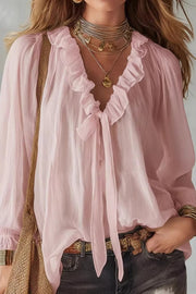 Top in camicia a maniche lunghe con scollo a V e nastro da legare, taglio largo