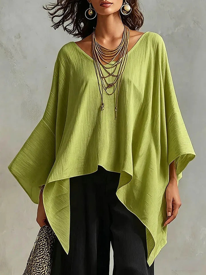Top da donna in cotone-lino con scollo a V, maniche 3/4, taglio ampio e informale