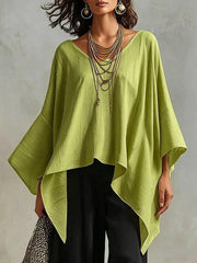 Top da donna in cotone-lino con scollo a V, maniche 3/4, taglio ampio e informale