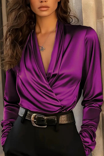 Blusa da donna in satin drappeggiata con scollo a V, maniche lunghe, avvolgente