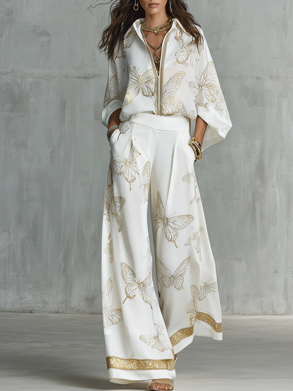 Virginia | Conjunto de dos piezas casual y elegante con estampado de mariposas doradas