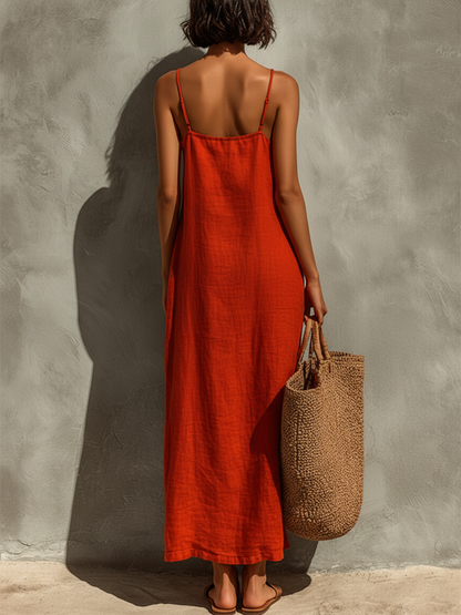 Loren | Abito rosso in cotone da donna con spalline sottili e scollo quadrato, stile boho-resort intramontabile