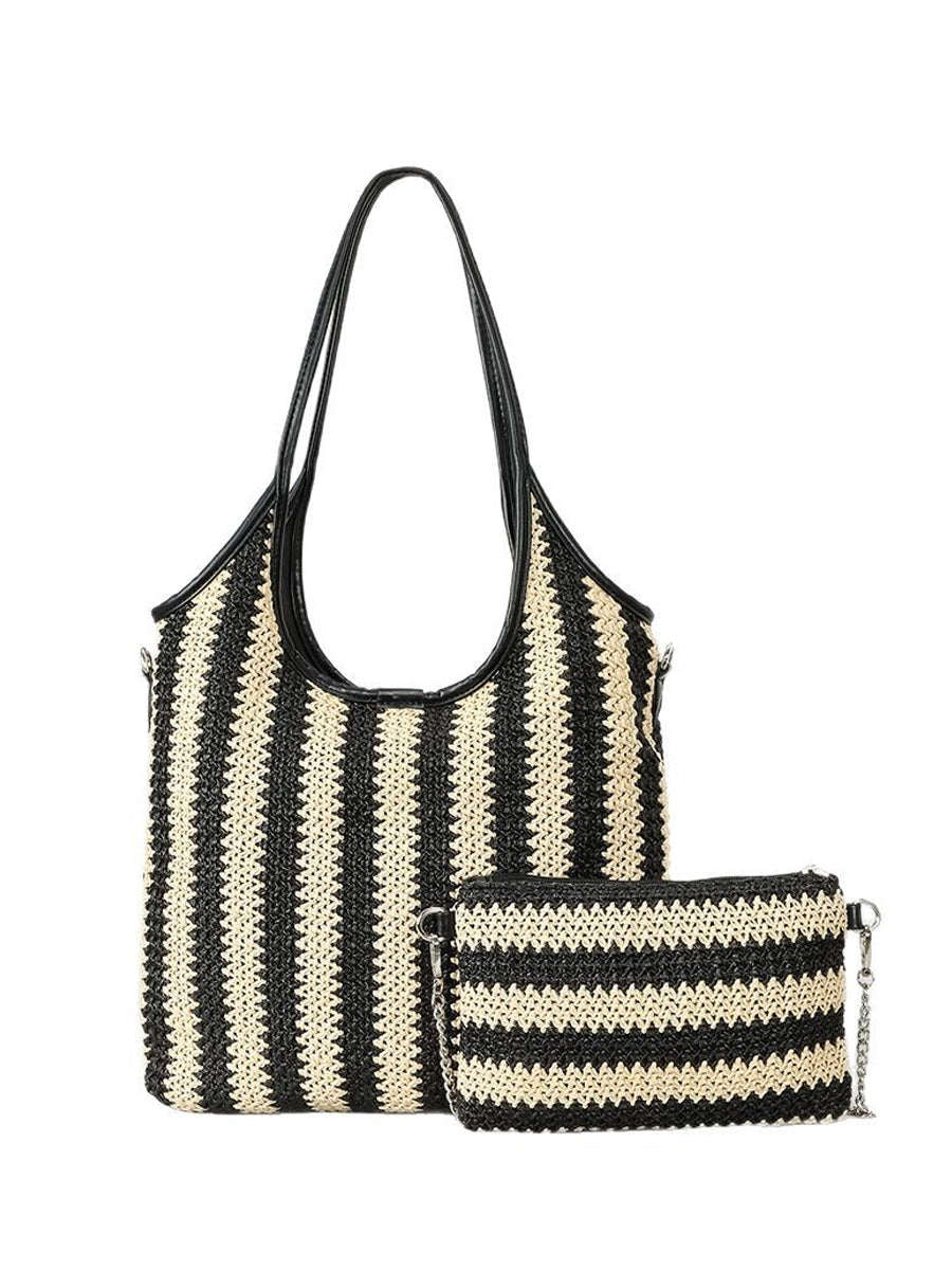 Borsa a tracolla vintage in paglia con righe a contrasto per donna