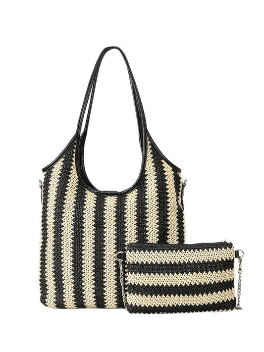 Borsa a tracolla vintage in paglia con righe a contrasto per donna