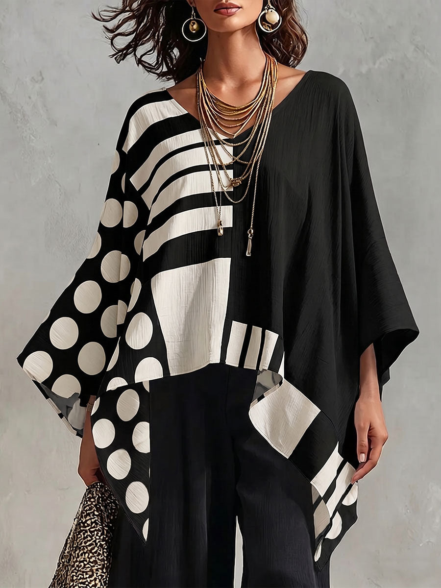 Top da donna in cotone-lino con stampa a pois e geometrica, scollo a V, maniche 3/4, informale e comodo
