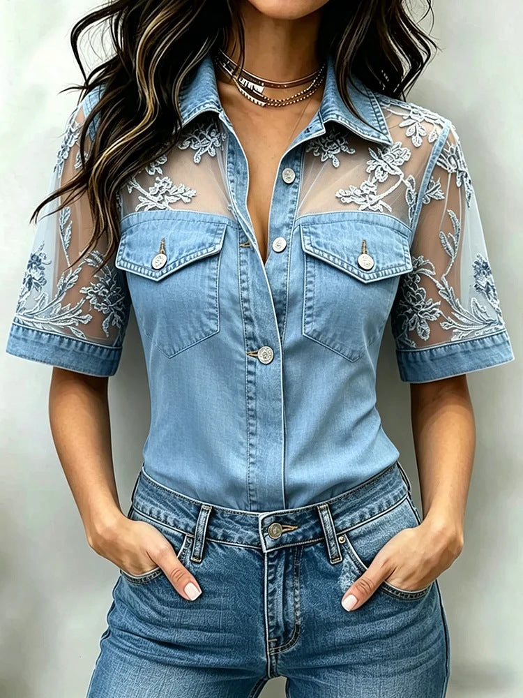 Camicia in denim con pizzo floreale a rete