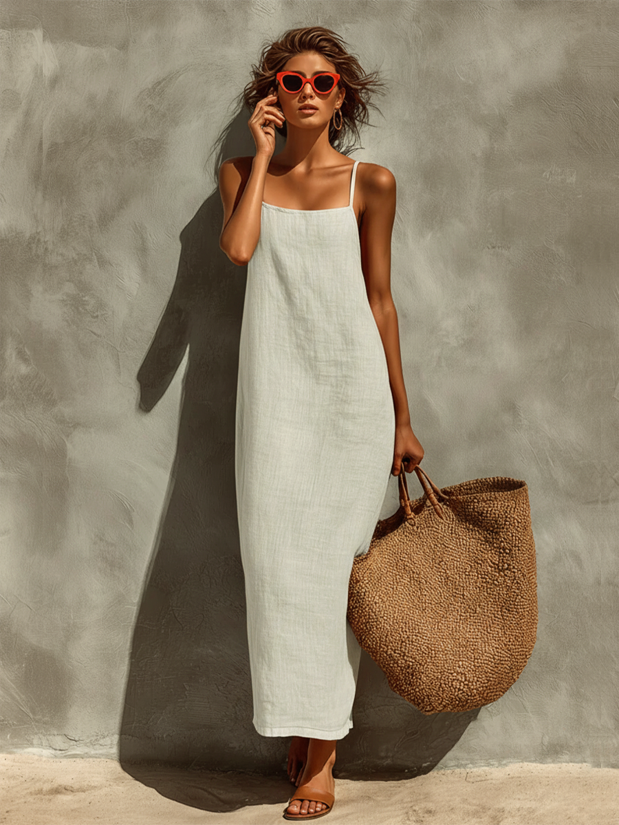 Loren | Abito rosso in cotone da donna con spalline sottili e scollo quadrato, stile boho-resort intramontabile