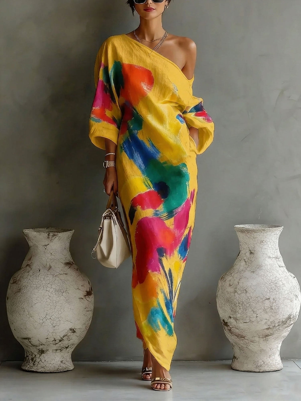 Gabriella | Vestito lungo da donna a una spalla con stampa artistica