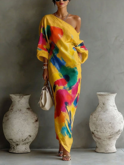 Gabriella | Vestito lungo da donna a una spalla con stampa artistica