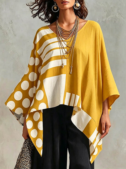 Top da donna in cotone-lino con stampa a pois e geometrica, scollo a V, maniche 3/4, informale e comodo