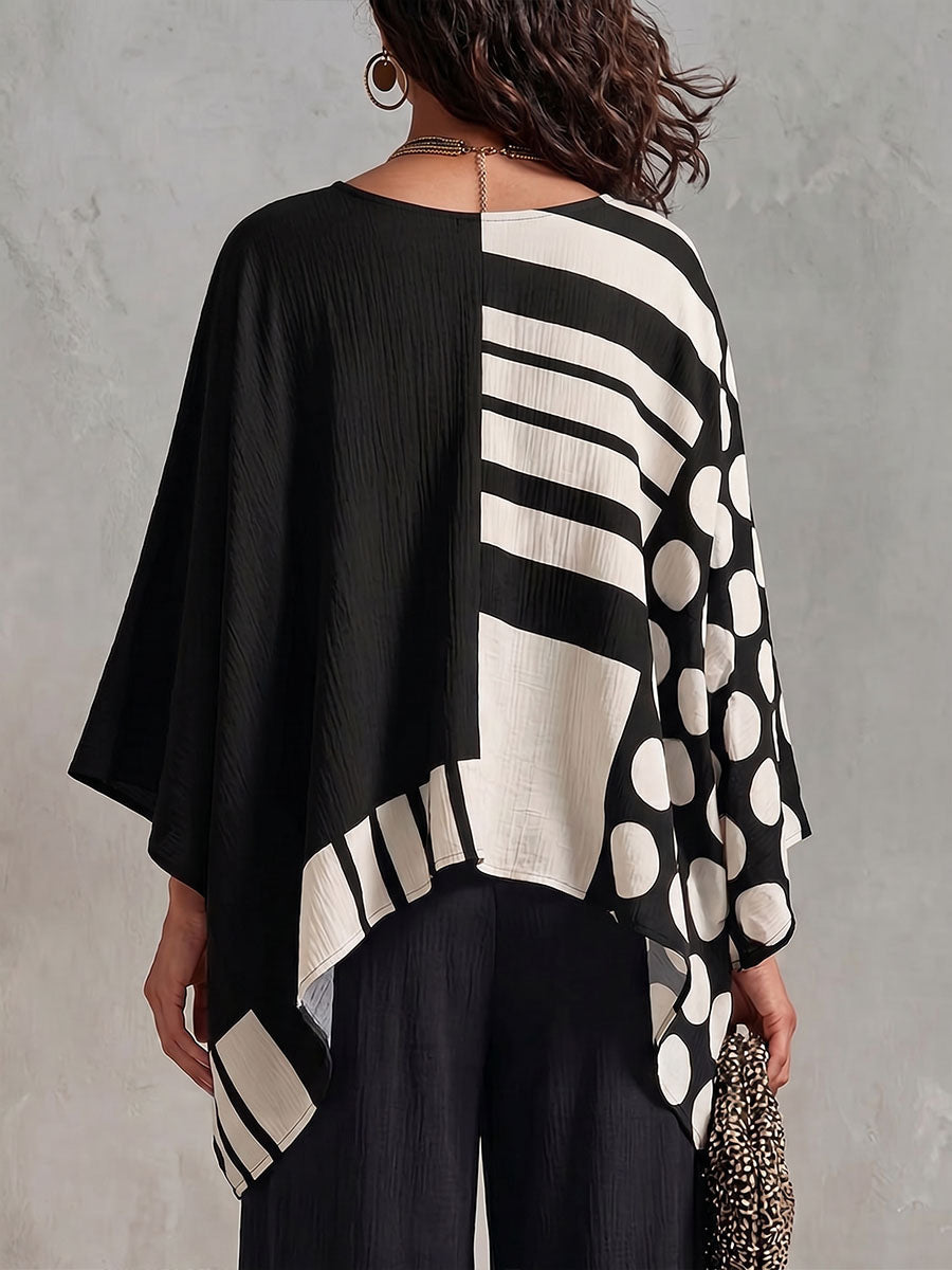 Top da donna in cotone-lino con stampa a pois e geometrica, scollo a V, maniche 3/4, informale e comodo