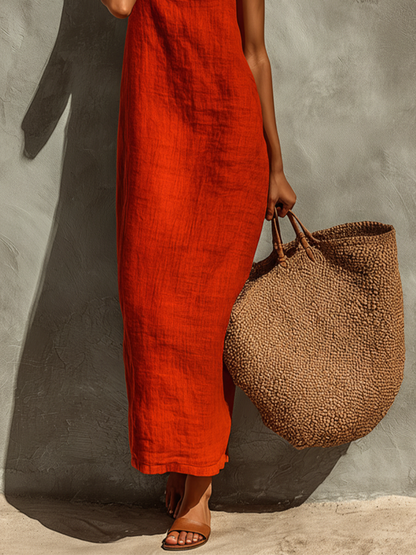 Loren | Abito rosso in cotone da donna con spalline sottili e scollo quadrato, stile boho-resort intramontabile