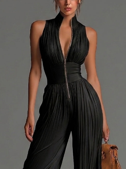 Vittoria | Tuta nera in chiffon con scollo a V, senza maniche, con zip, a pieghe, pantaloni a palazzo