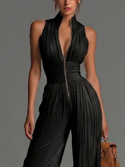 Vittoria | Tuta nera in chiffon con scollo a V, senza maniche, con zip, a pieghe, pantaloni a palazzo
