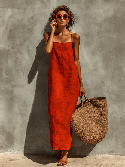 Loren | Abito rosso in cotone da donna con spalline sottili e scollo quadrato, stile boho-resort intramontabile