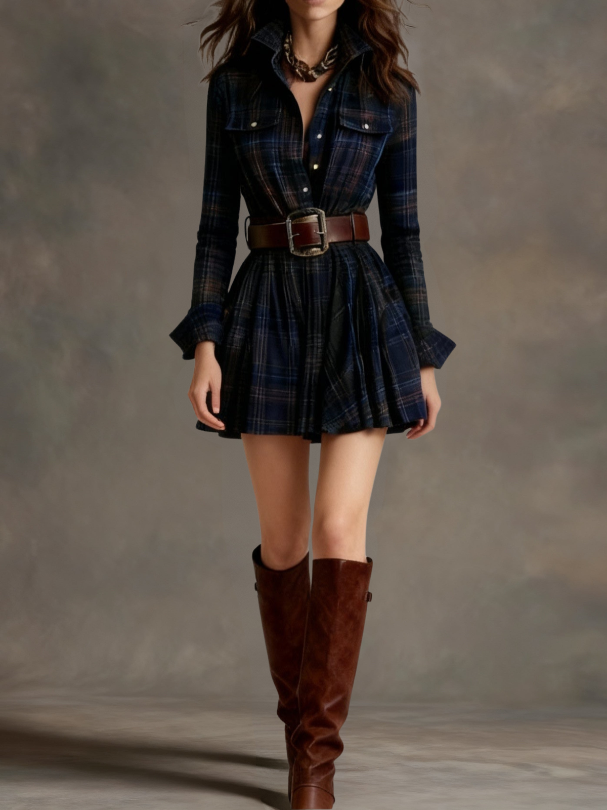 Bárbara | Vestido corto camisero de cuadros vintage