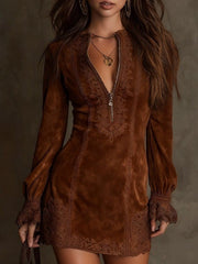 Azulena | Vestido mini vintage de ante con encaje